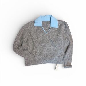 Commense Gray V-Neck Sweater with Blue Collar